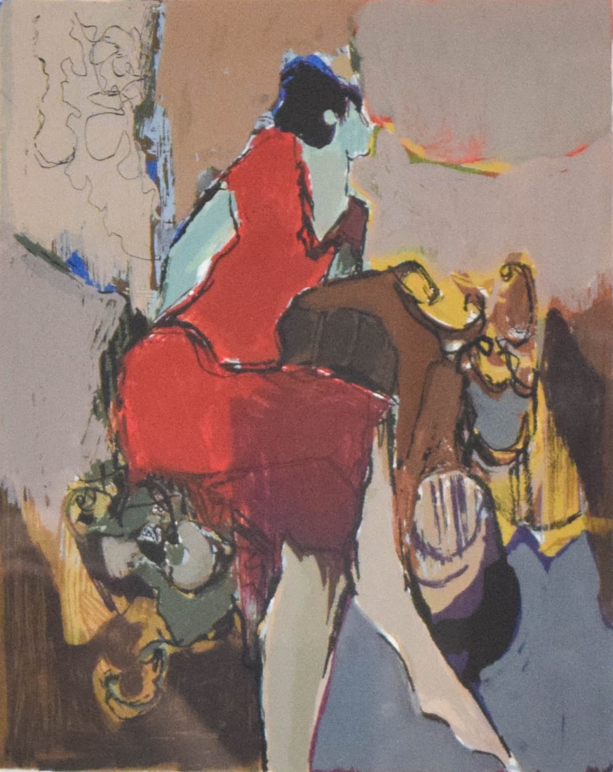 Itzchak Tarkay Color Lithograph Seated Woman in Red Dress: Itzchak Tarkay (Israeli, 1935-2012). Color lithograph, seated woman in a red dress. Signed Tarkay in pencil in the lower right margin and numbered 15/300 in pencil in the lower left margin. Housed in 