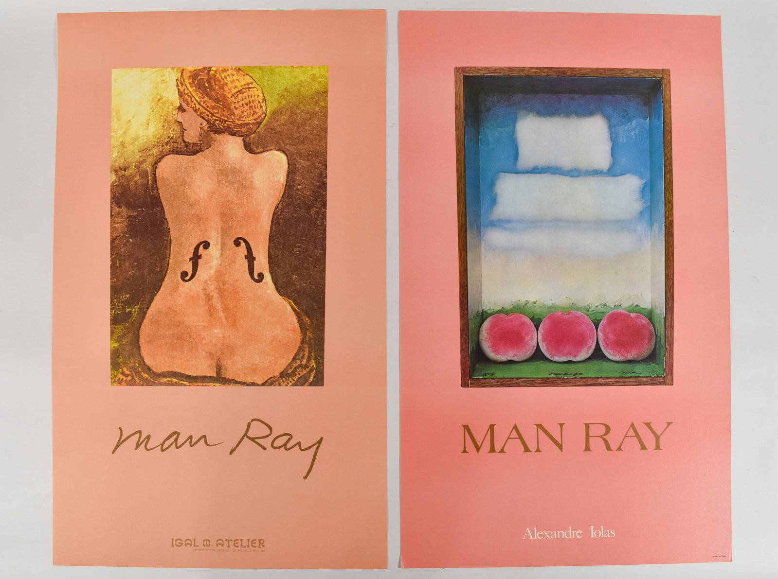 2 Man Ray Lithograph Exhibition Posters: Man Ray (American, 1890-1976). Two lithograph exhibition posters on salmon-toned paper depicting the works Le Violon d'Ingres and Peche. Both pieces are marked along the lower edges, including for pub