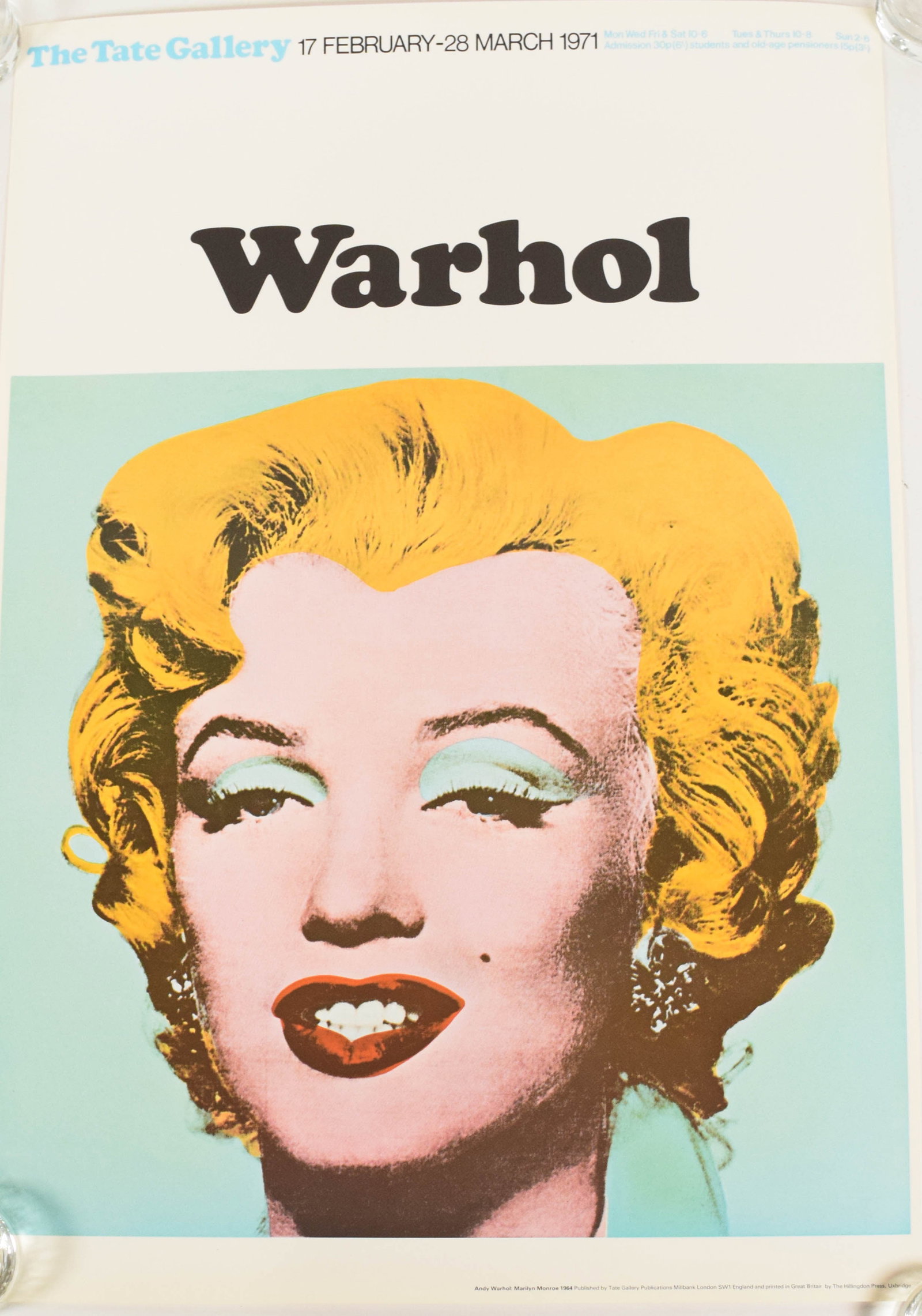 Andy Warhol, Marilyn Monroe Exhibition Poster, Tate Gallery 1971, Misprint: First print offset lithograph exhibition poster featuring Andy Warhol?s 1964 portrait of Marilyn Monroe. Produced for the Warhol retrospective exhibition at The Tate Gallery in London in 1971. A line 