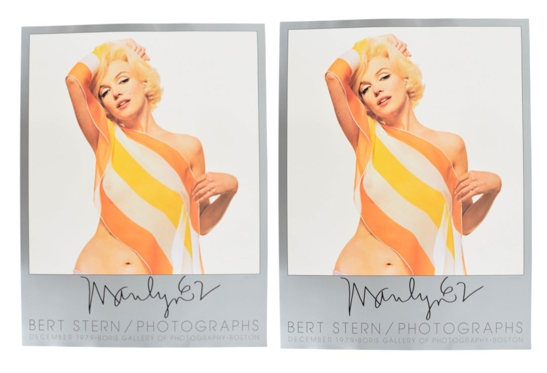 2 Bert Stern Offset Lithograph Marilyn Monroe Posters: Bert Stern (American, 1929-2013). Two offset lithograph exhibition posters, Marilyn Monroe from The Last Sitting, 1979. Each color image depicts the subject draped in a diagonally striped orange, yell