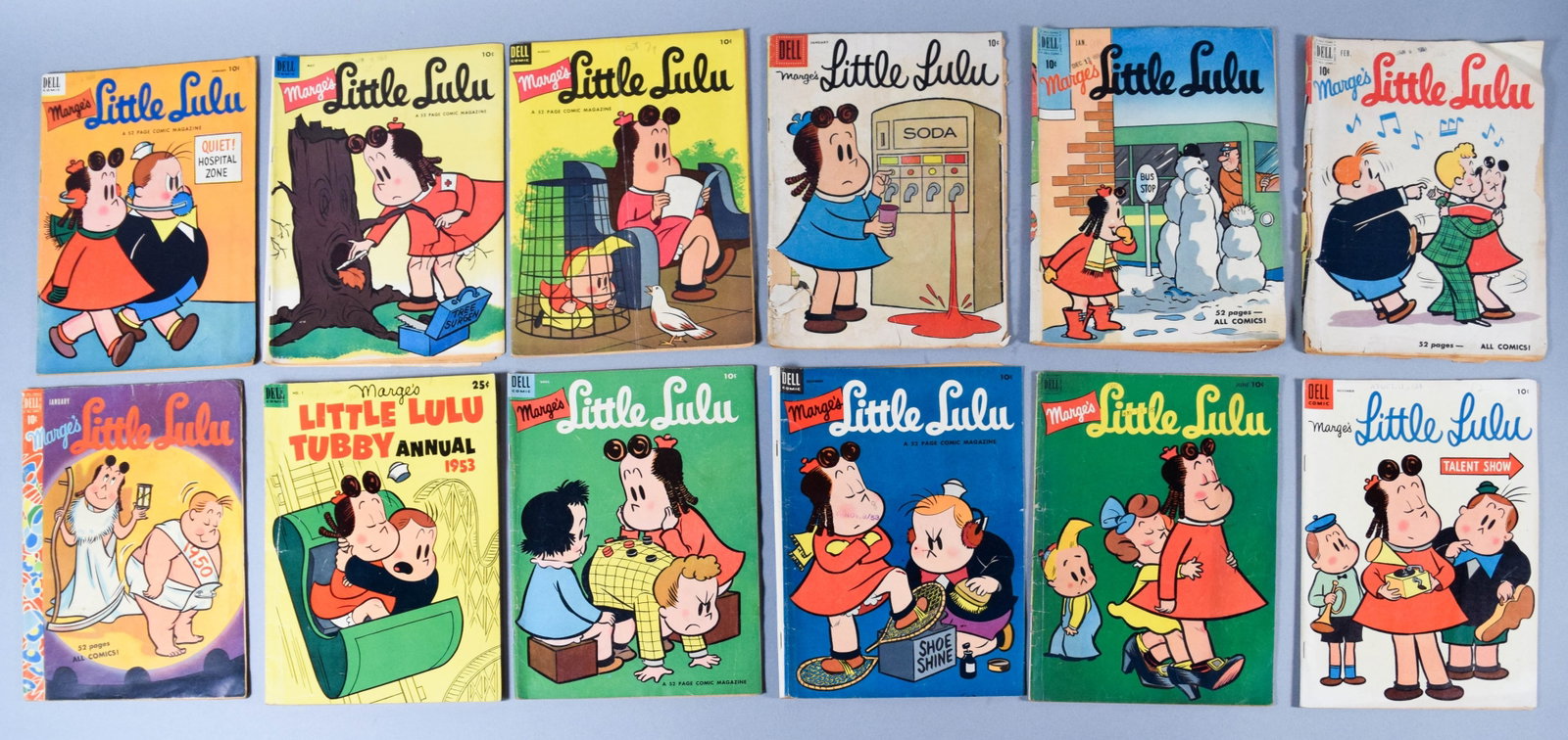 12 Dell Publishing Paper Marge's Little Lulu Comic Books: 12 Dell Publishing paper comic books featuring Marge's Little Lulu, dating from 1951 through 1954. The assembly includes issue numbers 31, 32, 43, 54, 55, 58, 59, 60, 62, 65, and 77, along with the 19