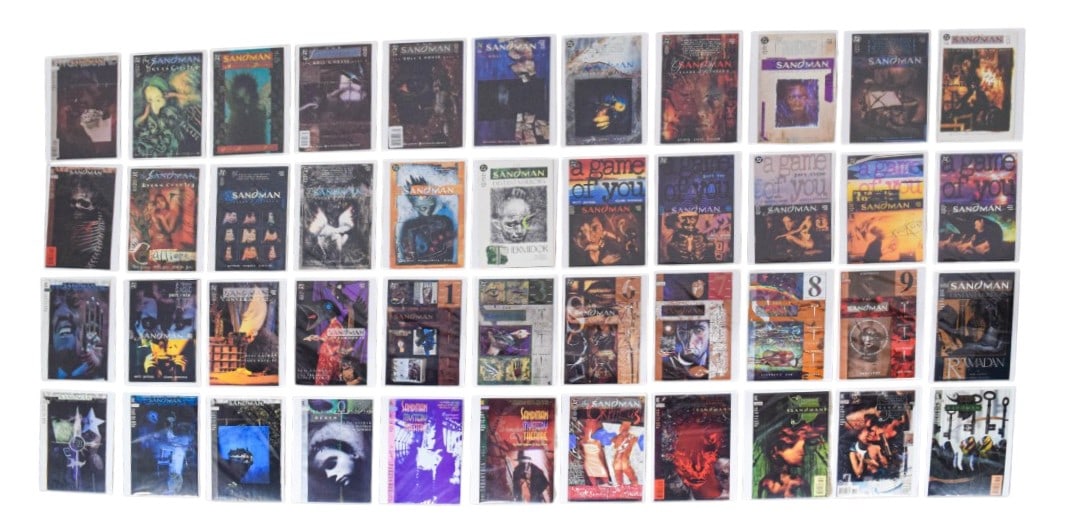 40+ DC Comics Sandman Comic Books Including Issue 8: Group of 44 DC Comics Sandman comic books and associated spin-off titles, primarily written by Neil Gaiman (English, b. 1960). The collection features the landmark series published under the DC and Ve