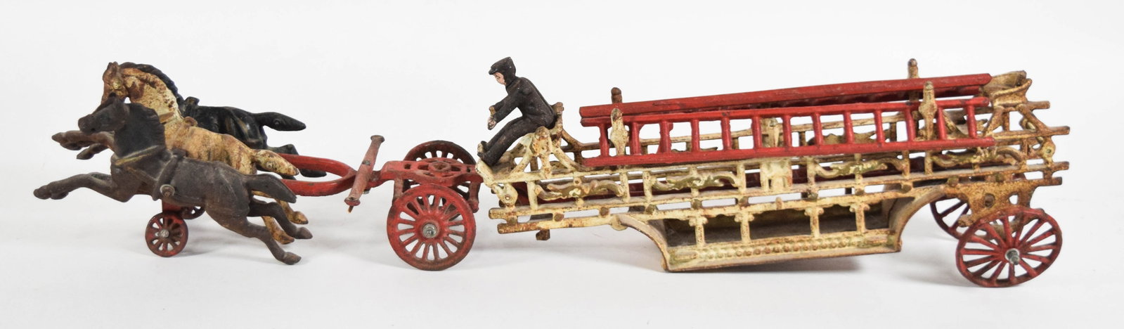 Antique Cast Iron Horse-Drawn Fire Ladder Wagon with 3-Horse Team (1 of 11)