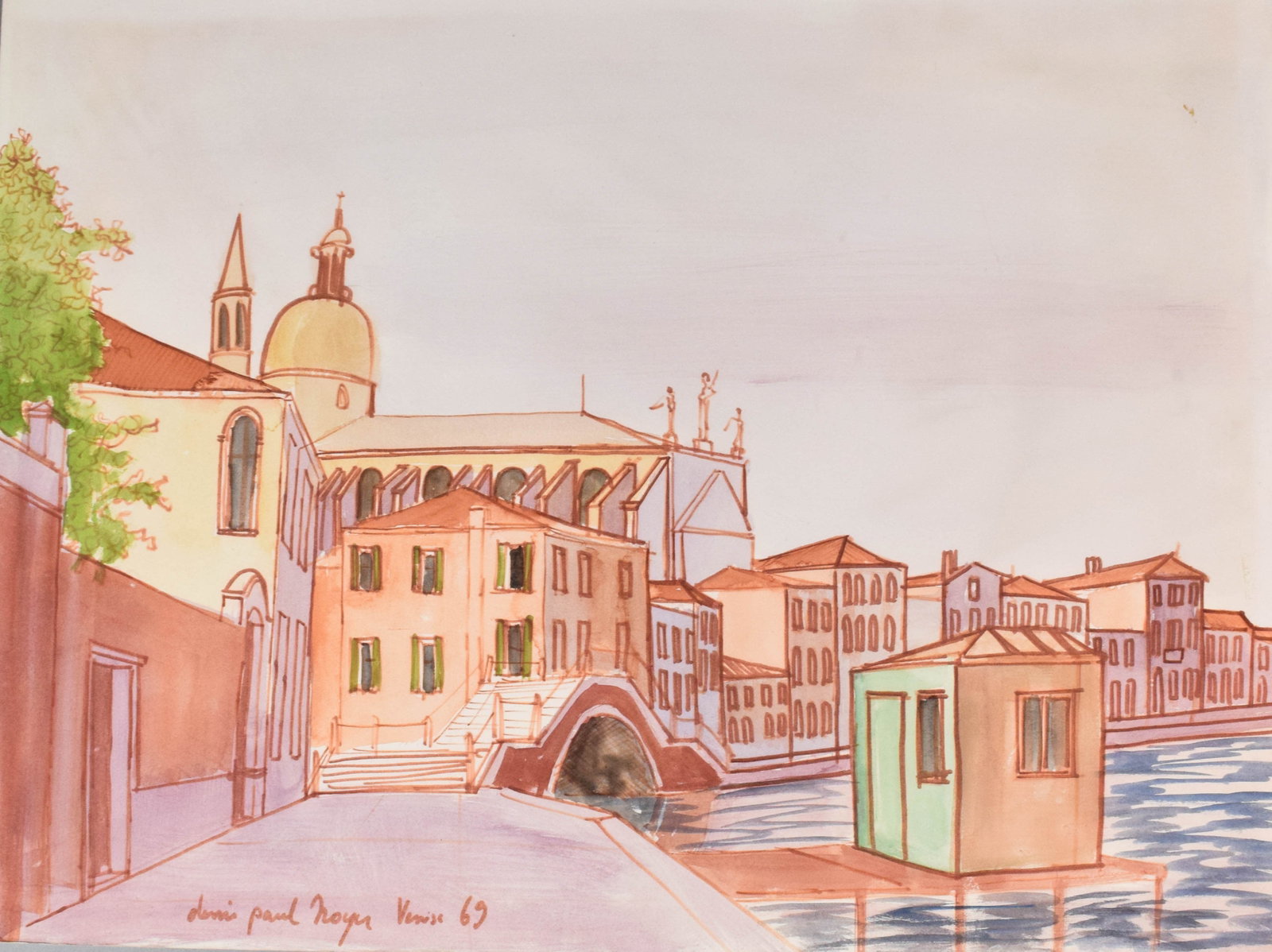 Denis-Paul Noyer, Venice Canal Scene, Original Watercolor and Ink, 1969 (1 of 7)