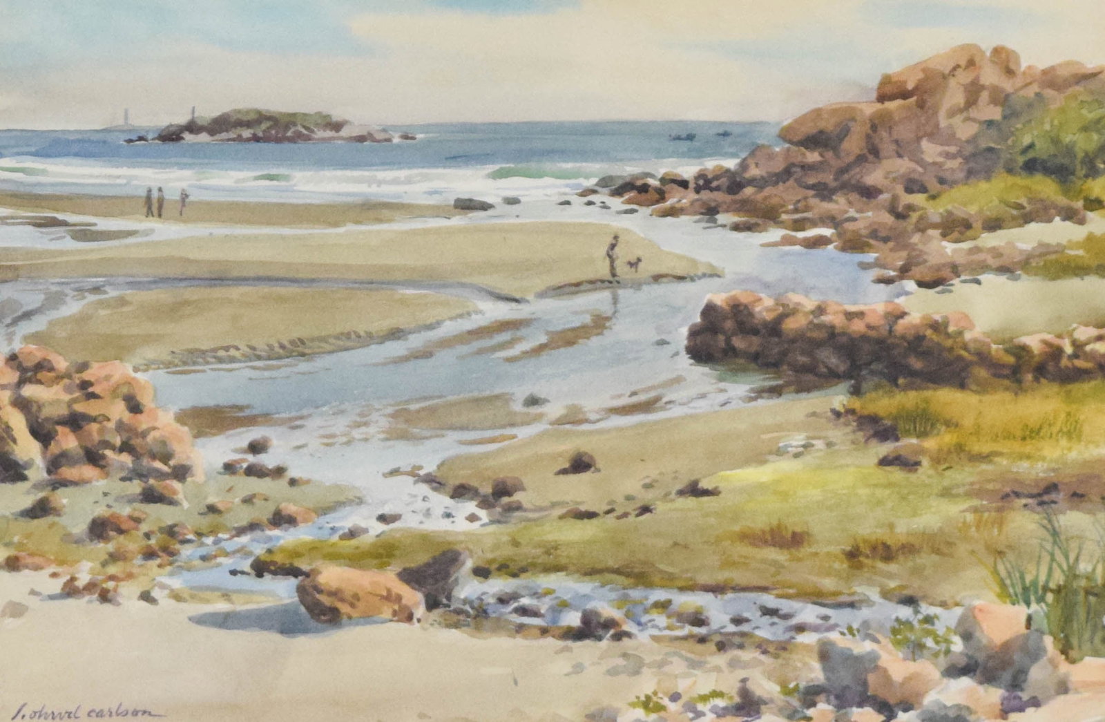 Sven Ohrvel Carlson Watercolor on Paper Coastal Landscape: Sven Ohrvel Carlson (American, 1911-2006). Watercolor on paper, coastal landscape. The scene portrays figures and a dog walking along a rocky beach near a meandering tidal stream with two lighthouses 