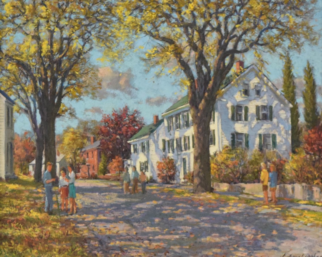 Sven Ohrvel Carlson Oil on Canvas Village Street Scene in Autumn: Sven Ohrvel Carlson (American, 1911-2006). Oil on canvas, village street scene in autumn. Signed in the lower right. The canvas is presented in a gilded wooden frame featuring a gray-toned inner cove 