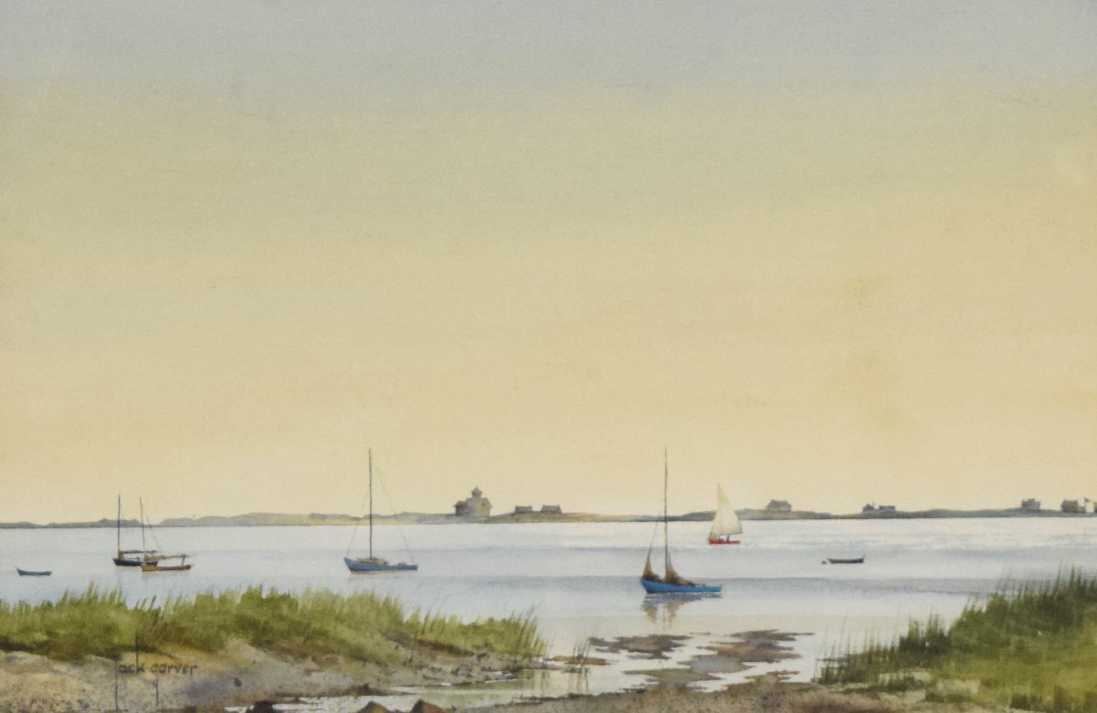 Jack Garver Watercolor on Paper Coastal Harbor Scene: Jack Garver (American, 1920-2021). Watercolor on paper, coastal harbor scene. Signed jack garver in the lower left. The work is presented in a double mat with a gold-toned inner bevel and a molded gol
