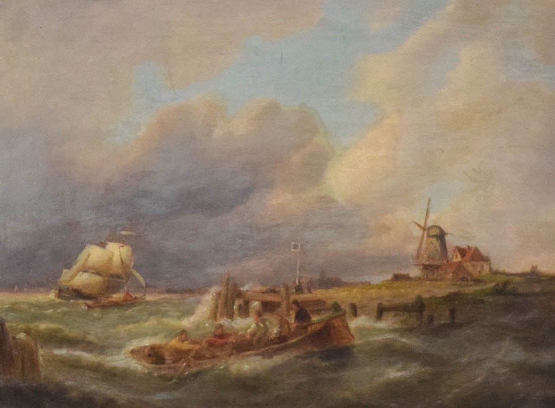Pieter Cornelis Dommersen Oil on Board Maritime Scene with Windmill: Pieter Cornelis Dommersen (Dutch, 1834-1908). Oil on board, maritime scene. Signed P. C. Dommersen in the lower right corner. The verso bears a printed label for J. Brown & Son Fine Art Dealers. Sight
