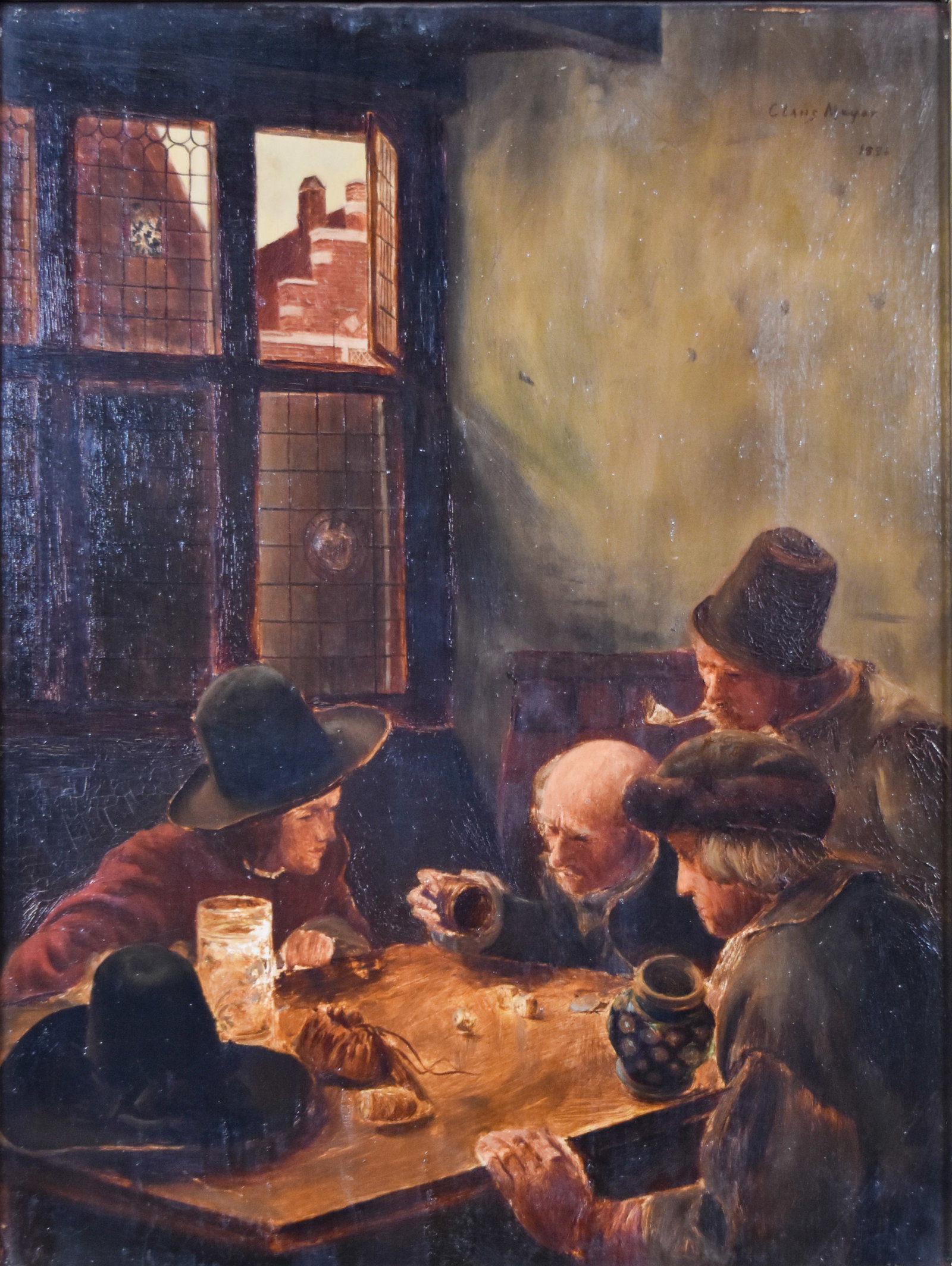 Claus Meyer Oil on Board The Dice Players: Claus Meyer (German, 1856-1919). Oil on board, The Dice Players, 1886. The work bears a reproduced signature and date in the upper right corner. Housed in a multi-layered gilt composition frame decora