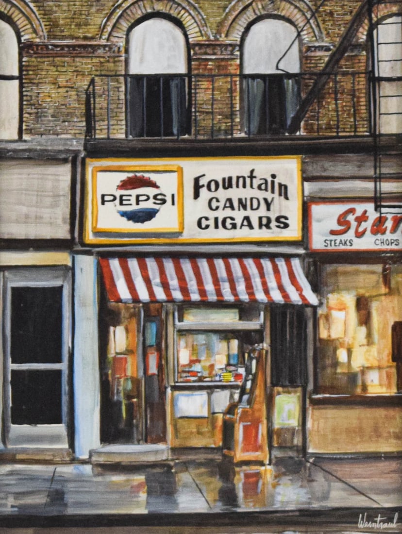 Herbert Weintraub Oil on Board City Street: Herbert Weintraub (American, 1923-2015). Oil on board, City Street. Storefront scene with a Fountain Candy Cigars sign, vintage Pepsi logo, and Star Steaks Chops restaurant. Signed Weintraub in the lo