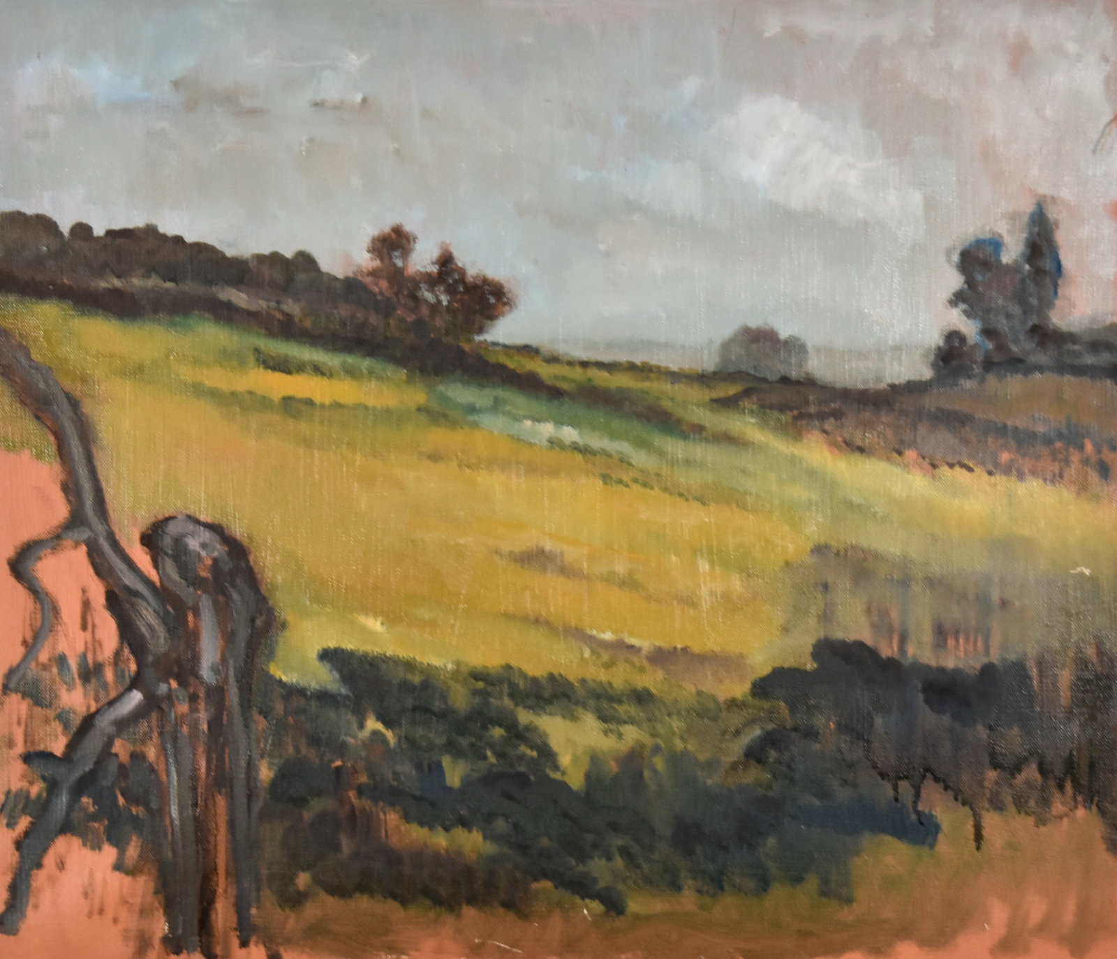 Oil on Canvas Impressionist Landscape with Gnarled Tree: Oil on canvas, impressionist landscape. The painting includes a gnarled tree in the left foreground, rolling yellow-green fields, and a distant treeline beneath an overcast sky. The work is rendered w