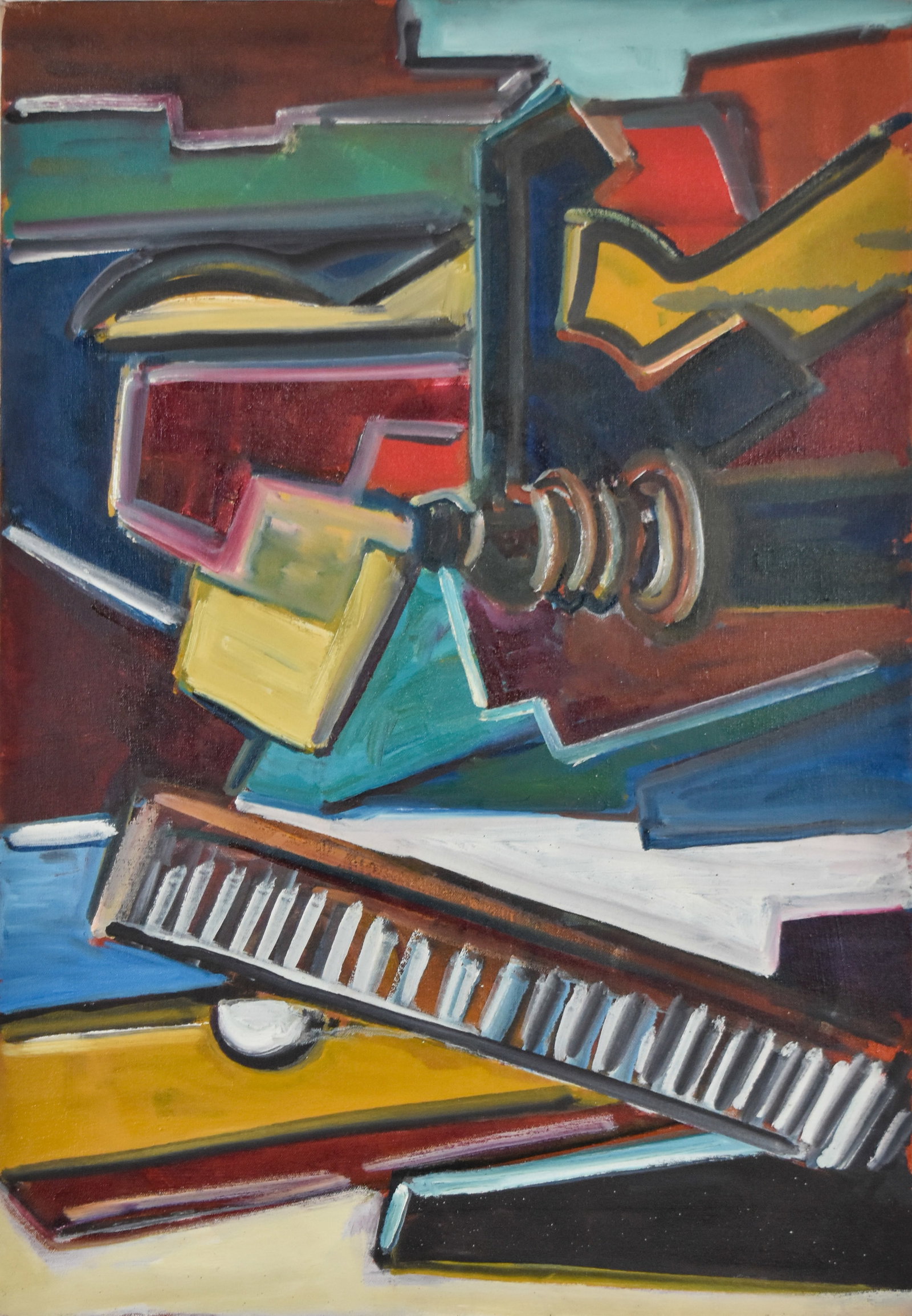 Oil on Canvas Cubist Abstract Composition: Oil on canvas, cubist abstract composition. The work features a dynamic arrangement of geometric forms and bold outlines, incorporating recognizable motifs such as a piano keyboard and interlocking me