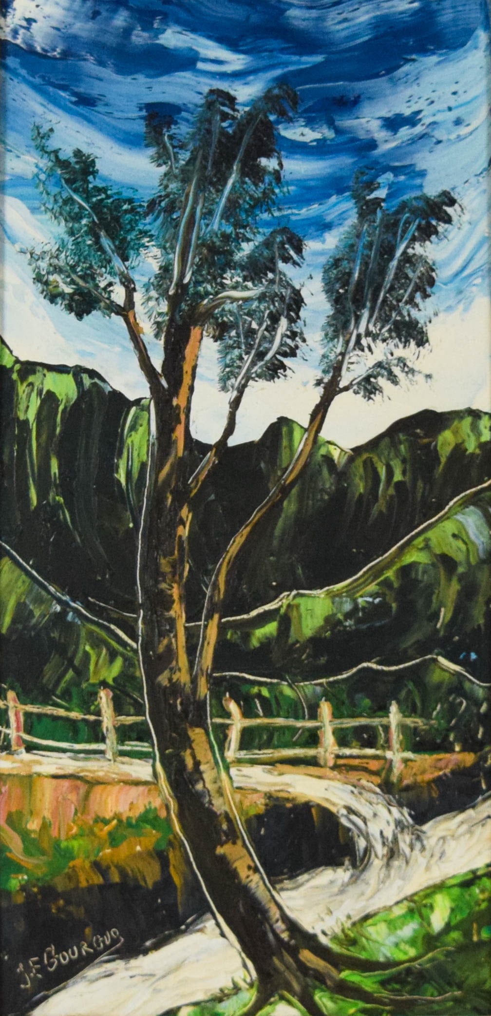 Jacques-Enguerrand Gourgue Oil on Masonite Expressionist Landscape: Jacques-Enguerrand Gourgue (Haitian, 1930-1996). Oil on masonite, expressionist landscape. Signed lower left. Sight: 15 1/2 x 7 1/2 in. Frame: 21 x 13 in. Location: Bin 70