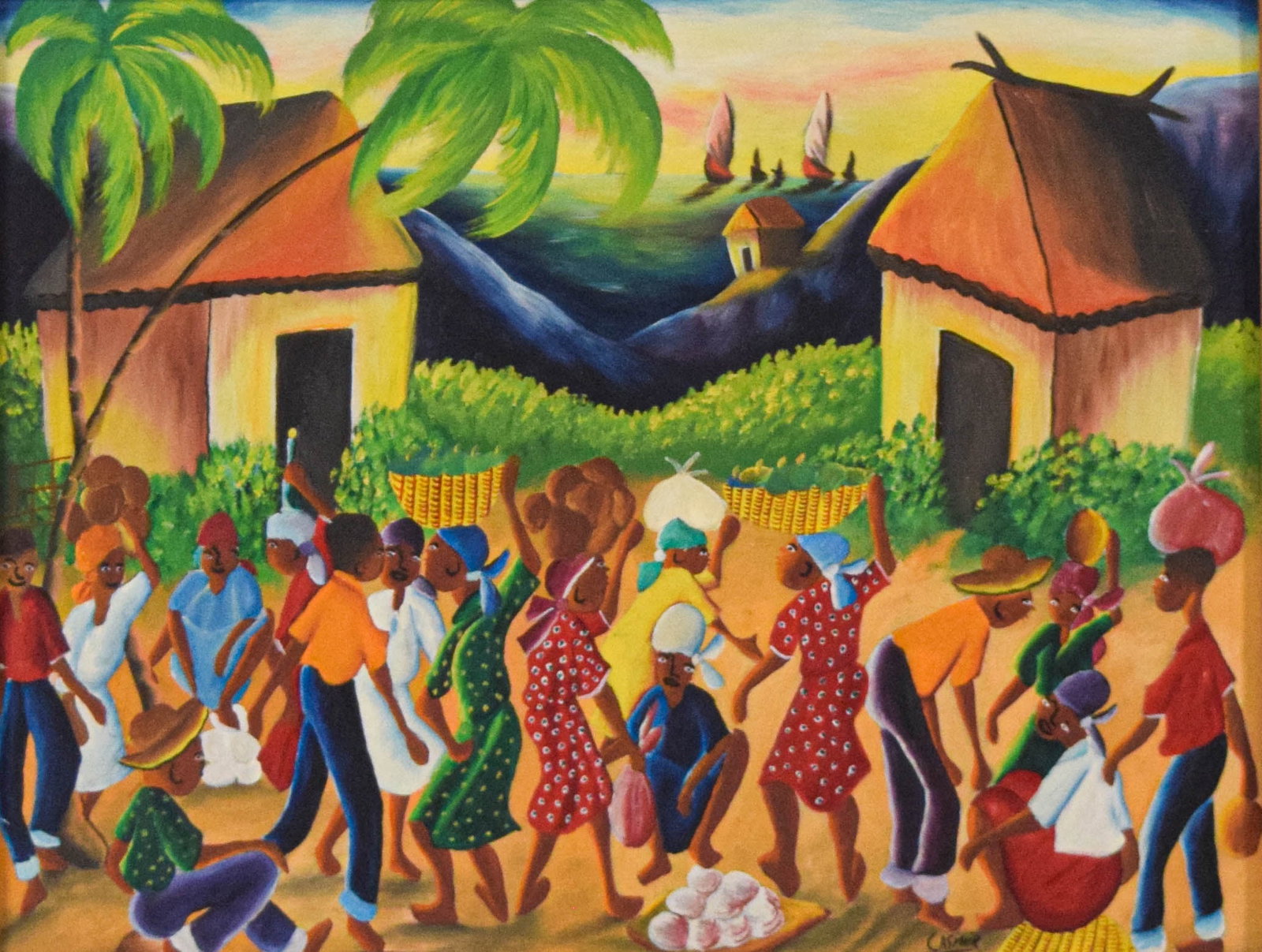 Laurent Casimir Oil on Board Village Market Scene: Laurent Casimir (Haitian, 1928-1990). Oil on board, Village Market Scene. Signed CASIMIR in black paint in the lower center-right. Sight: 23 x 29 in. Frame: 32 x 38 in. Location: Bin 13