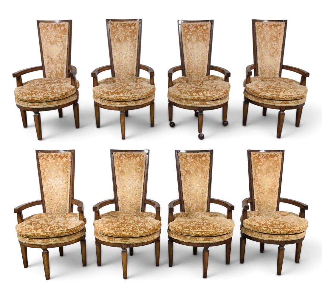 Set of 8 Louis XVI Style High Back Upholstered Armchairs: Set of eight formal armchairs in the Louis XVI style. The design features a high, tapering rectangular back with an inset upholstered panel and curved arms with block terminals. The chairs are support