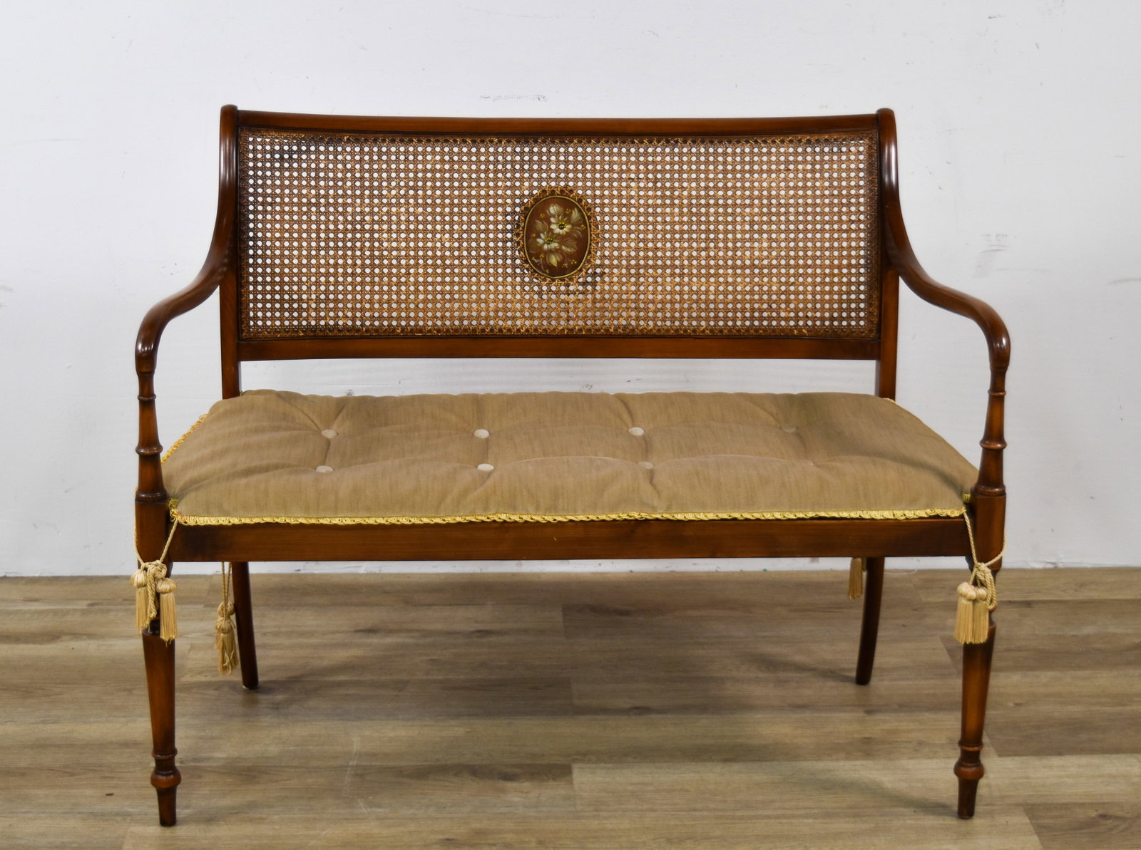 Regency Style Cane Back Settee with Painted Floral Medallions (1 of 9)