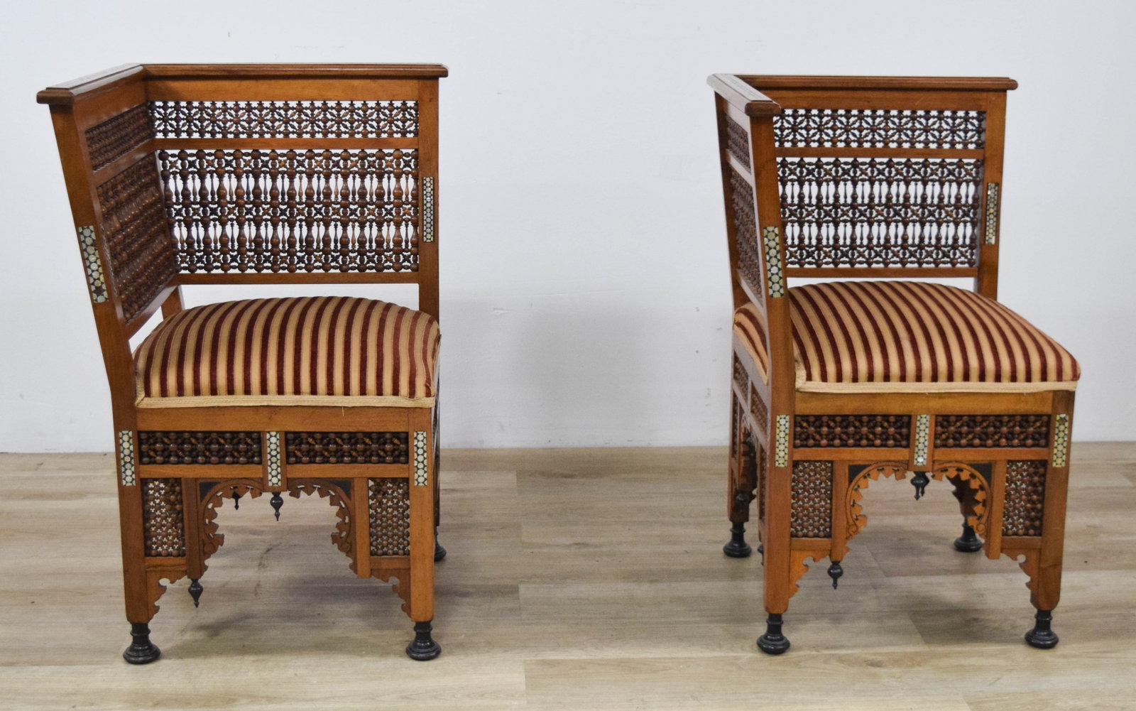 Pair of Moorish Revival Hardwood and Mother-of-Pearl Inlaid Corner Chairs (1 of 15)