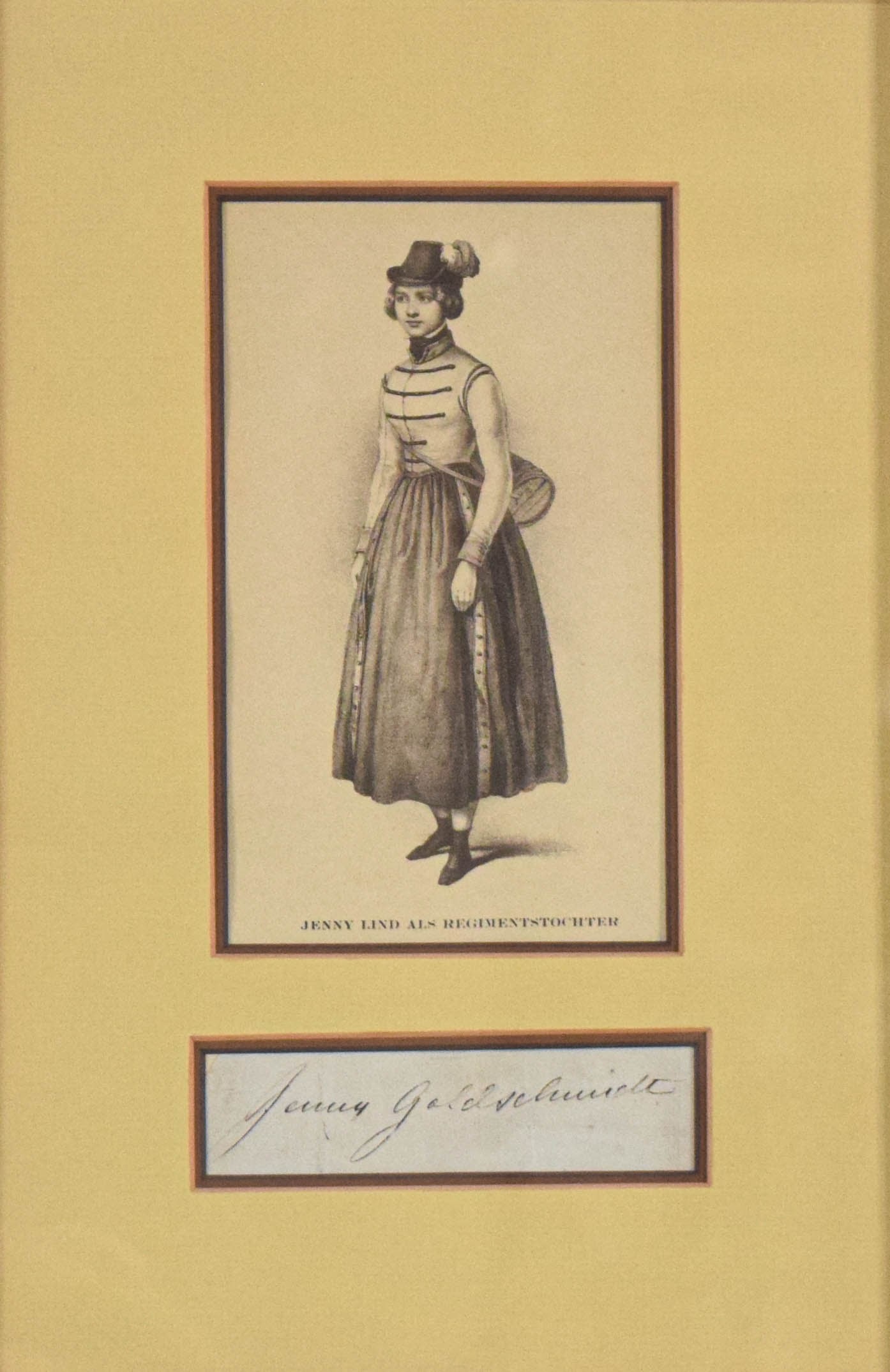 Jenny Goldschmidt Autograph and Jenny Lind Lithograph: Jenny Lind (Swedish, 1820–1887). Lithograph and clipped autograph, Marie in La fille du regiment. Signed Jenny Goldschmidt in ink on the autograph slip. The portrait depicts the opera singer in cost