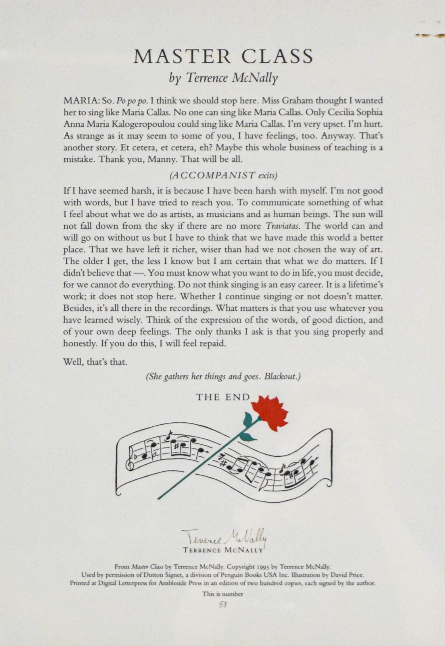 Terrence McNally Letterpress Print Master Class: Terrence McNally (American, 1938–2020). Letterpress print on paper, Master Class, copyright 1995. The work features the final monologue for the character Maria Callas and stage directions from the p