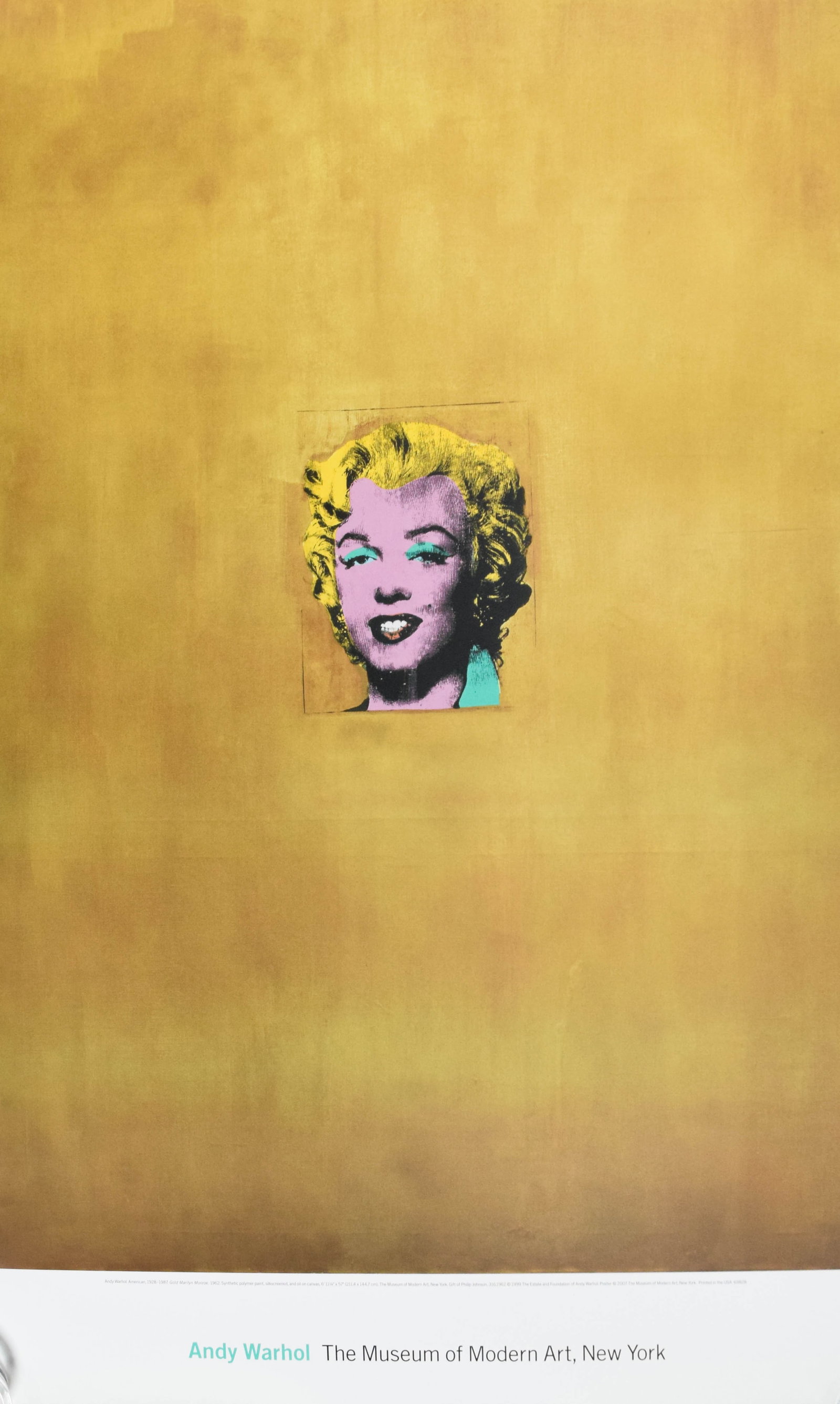 Andy Warhol Offset Lithograph Poster Gold Marilyn Monroe: Andy Warhol (American, 1928–1987). Offset lithograph reproduction poster, Gold Marilyn Monroe, 2007. The print features a centered portrait of Marilyn Monroe with purple skin, yellow hair, and turqu