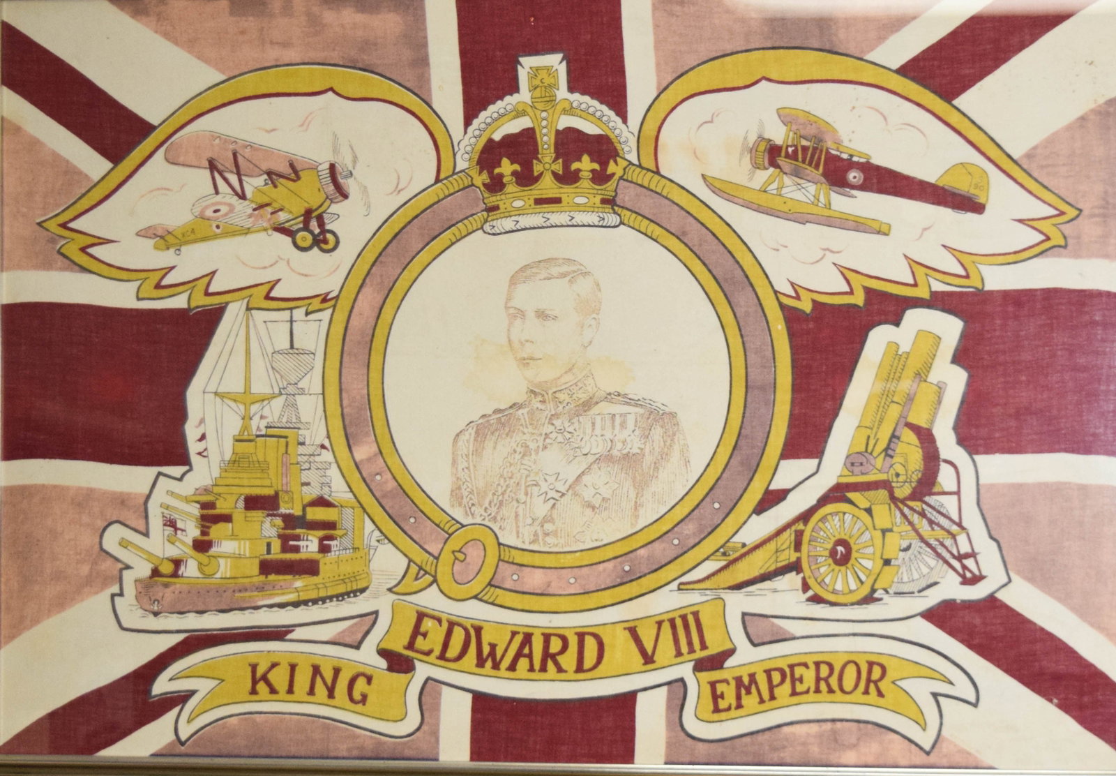 Lithograph on Textile King Edward VIII Coronation Commemorative Print: Lithograph on textile, likely silk, produced for the 1937 coronation of King Edward VIII. The central medallion portrait of the monarch is flanked by military vignettes of a battleship, biplanes, and 
