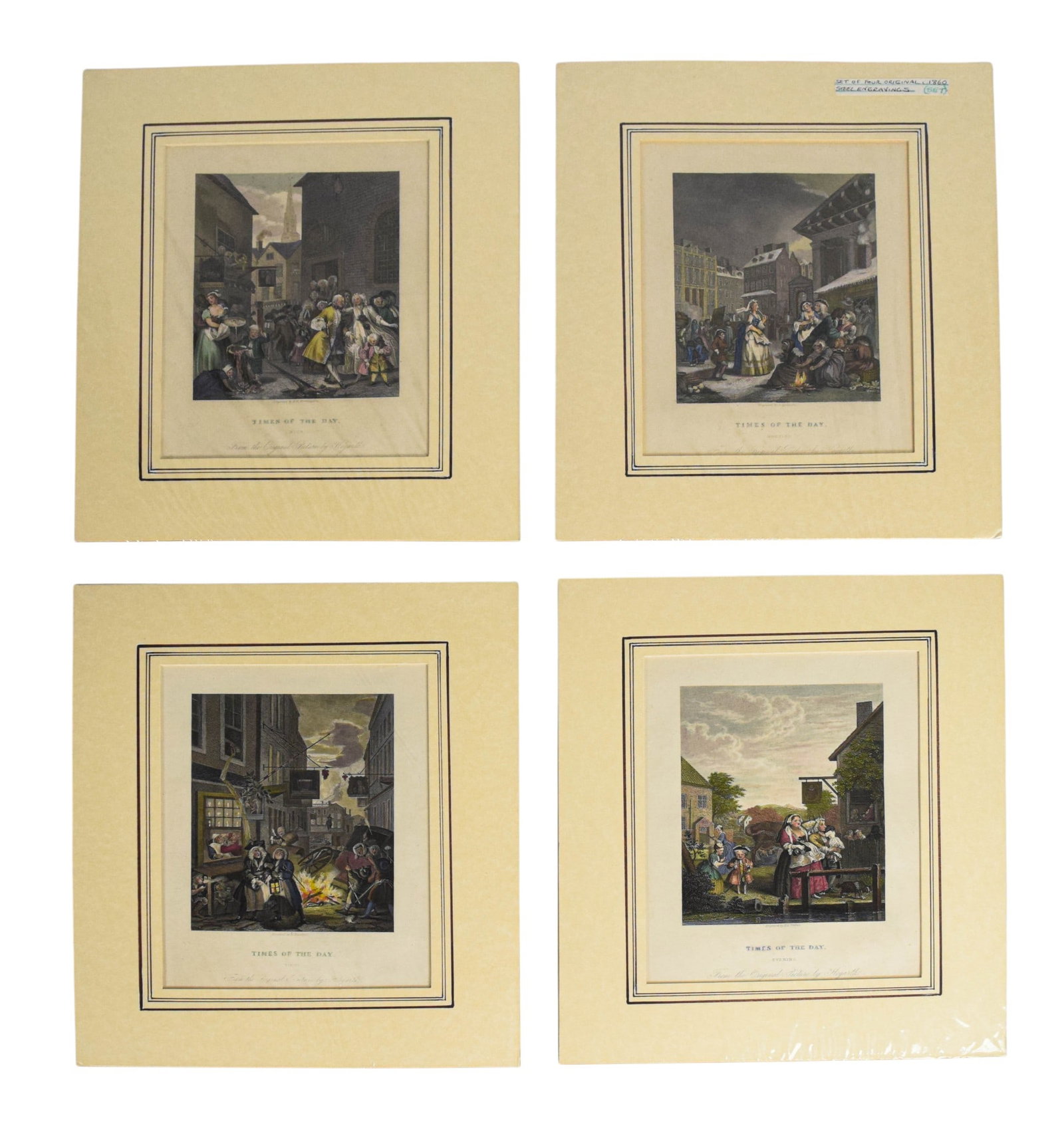 4 After William Hogarth Hand-Colored Engravings Times of the Day: After William Hogarth (English, 1697-1764). Four hand-colored steel engravings, Times of the Day, circa 1860. The complete series comprises the individual scenes Morning, Noon, Evening, and Night. Eac