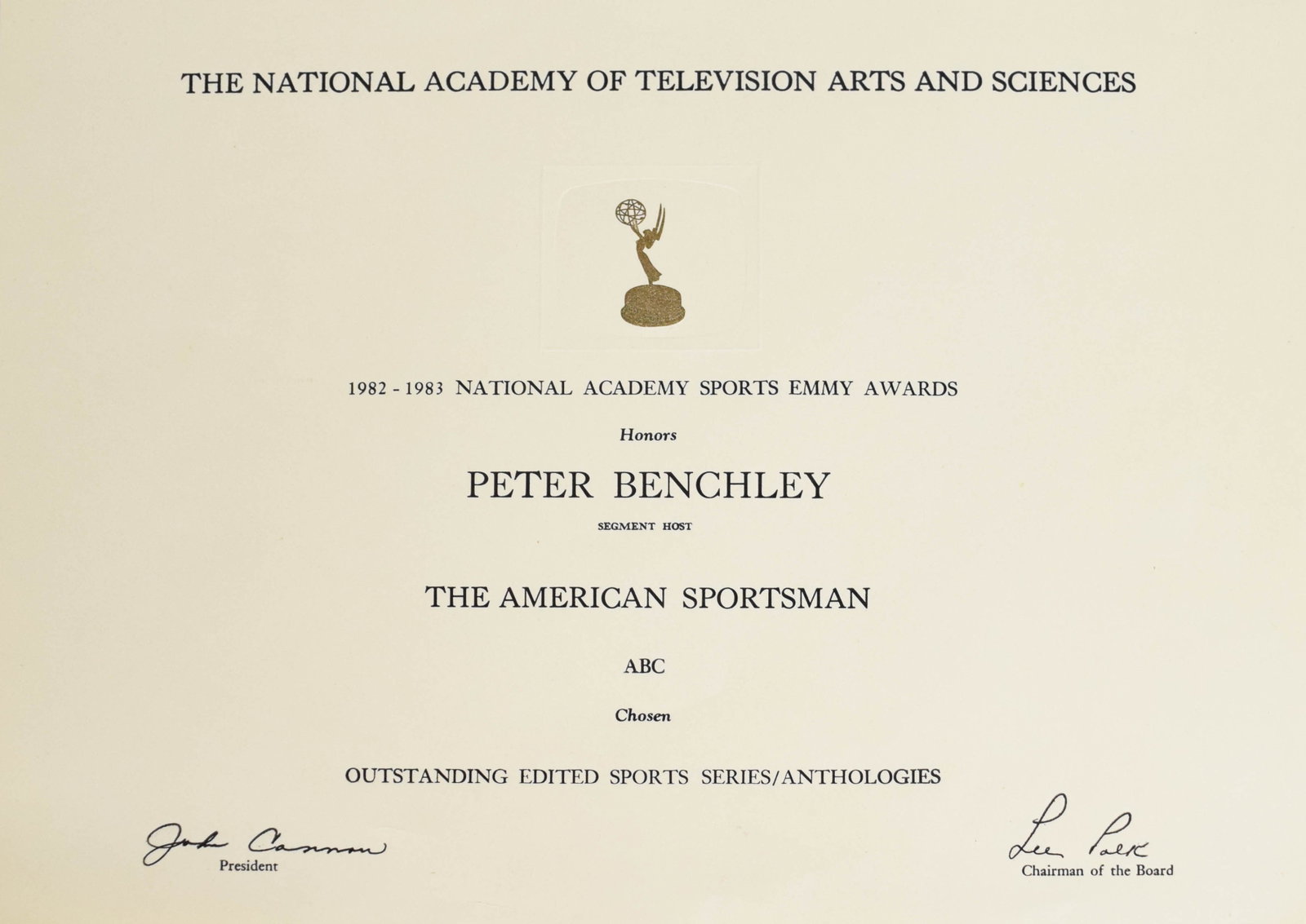 National Academy of Television Arts and Sciences Sports Emmy Award Certificate Peter Benchley: National Academy of Television Arts and Sciences Sports Emmy Award winner's certificate presented to Peter Benchley (American, 1940-2006). The document honors Benchley for his work as Segment Host on 