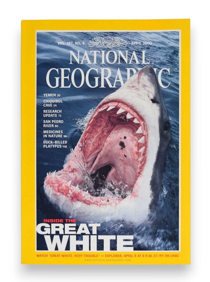 National Geographic Society Paper Magazine April 2000 Peter Benchley Association Copy: Peter Benchley (American, 1940-2006). National Geographic magazine, Volume 197, Number 4, dated April 2000. This association copy was formerly owned by Benchley and contains his lead feature article t