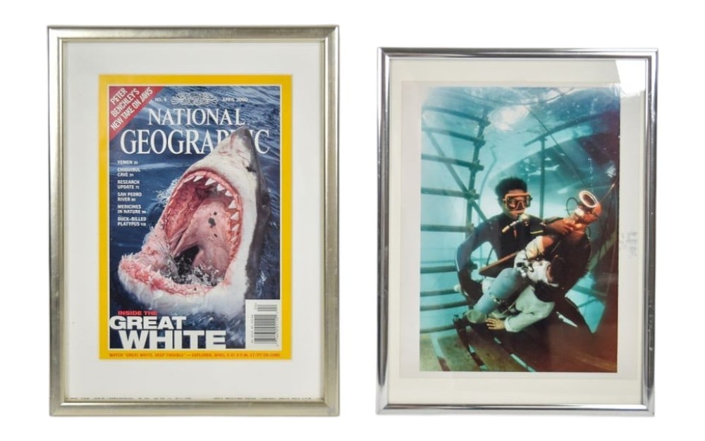 National Geographic April 2000 Issue and Framed Michael Richey Photograph: Two framed pieces of memorabilia including the April 2000 issue of National Geographic magazine, featuring a Great White Shark on the cover and an article by Peter Benchley. The magazine is profession
