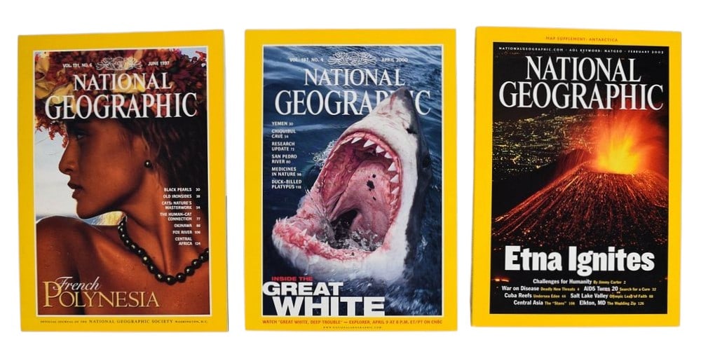 3 National Geographic Magazines From Peter Benchley's Personal Collection: National Geographic Society (Washington, D.C.). A group of three softcover magazines published in June 1997, April 2000, and February 2002. These volumes were previously held in the personal library o