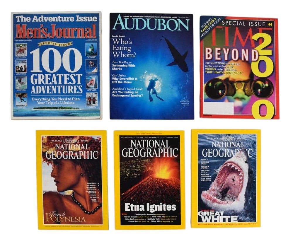 6 Periodicals from Peter Benchley's Personal Collection: Peter Benchley (American, 1940-2006). An assortment of six softcover magazines and periodicals from the personal collection of the celebrated author of Jaws. The group comprises a May 2005 issue of Me