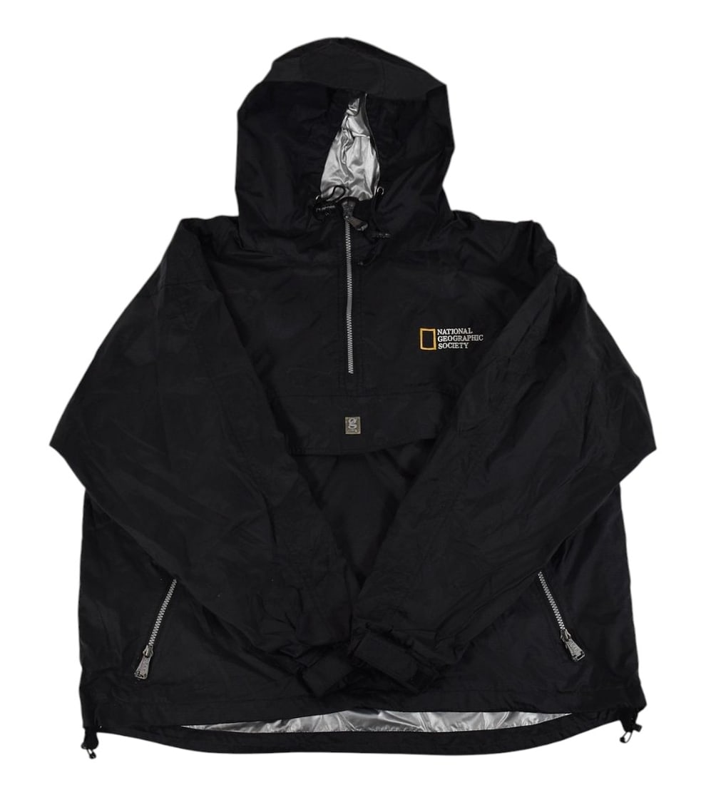 Peter Benchley's National Geographic Nylon Windbreaker: Gear for Sports National Geographic Society black nylon quarter-zip pullover windbreaker jacket from the personal collection of Peter Benchley. The left chest displays an embroidered logo for the Nati