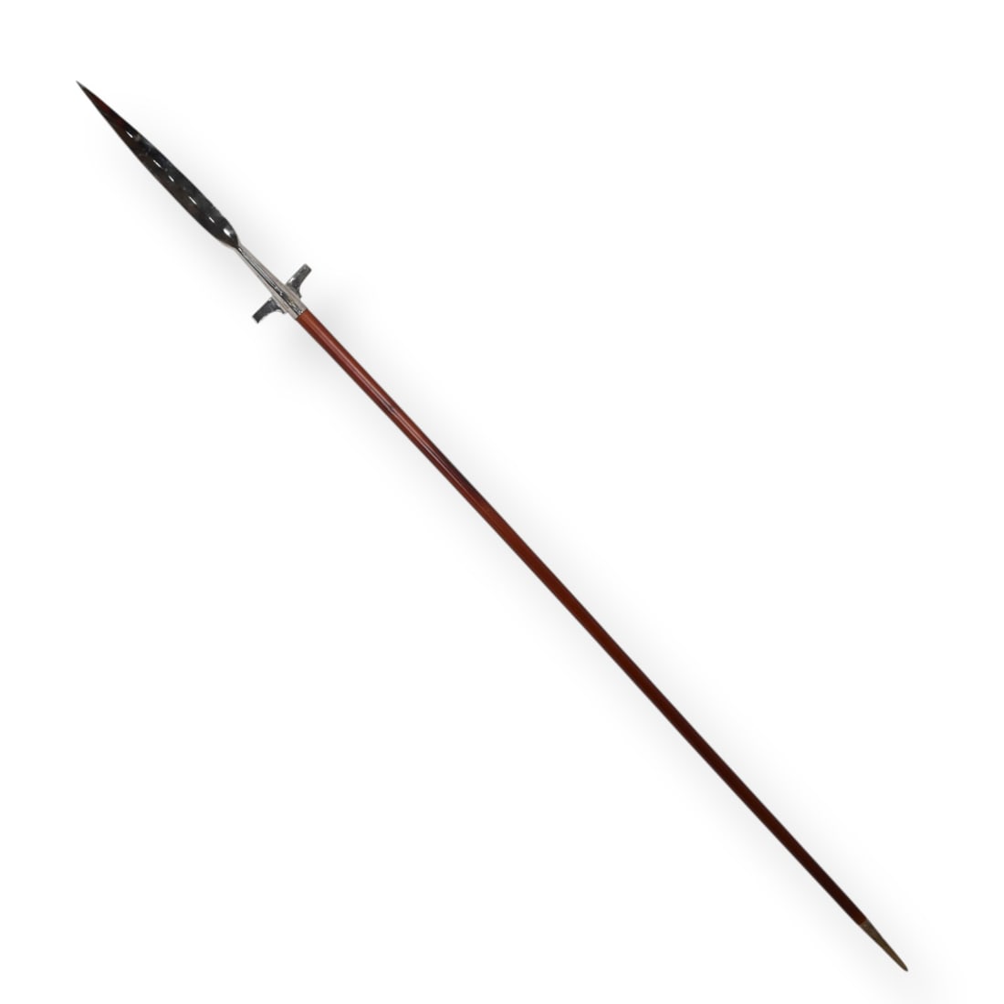 7 Foot Polished Steel and Wood Spear: 7-foot spear featuring a large leaf-shaped polished steel head. The blade is designed with a prominent central medial ridge and two lateral cross-bars at the base of the socket, historically intended 