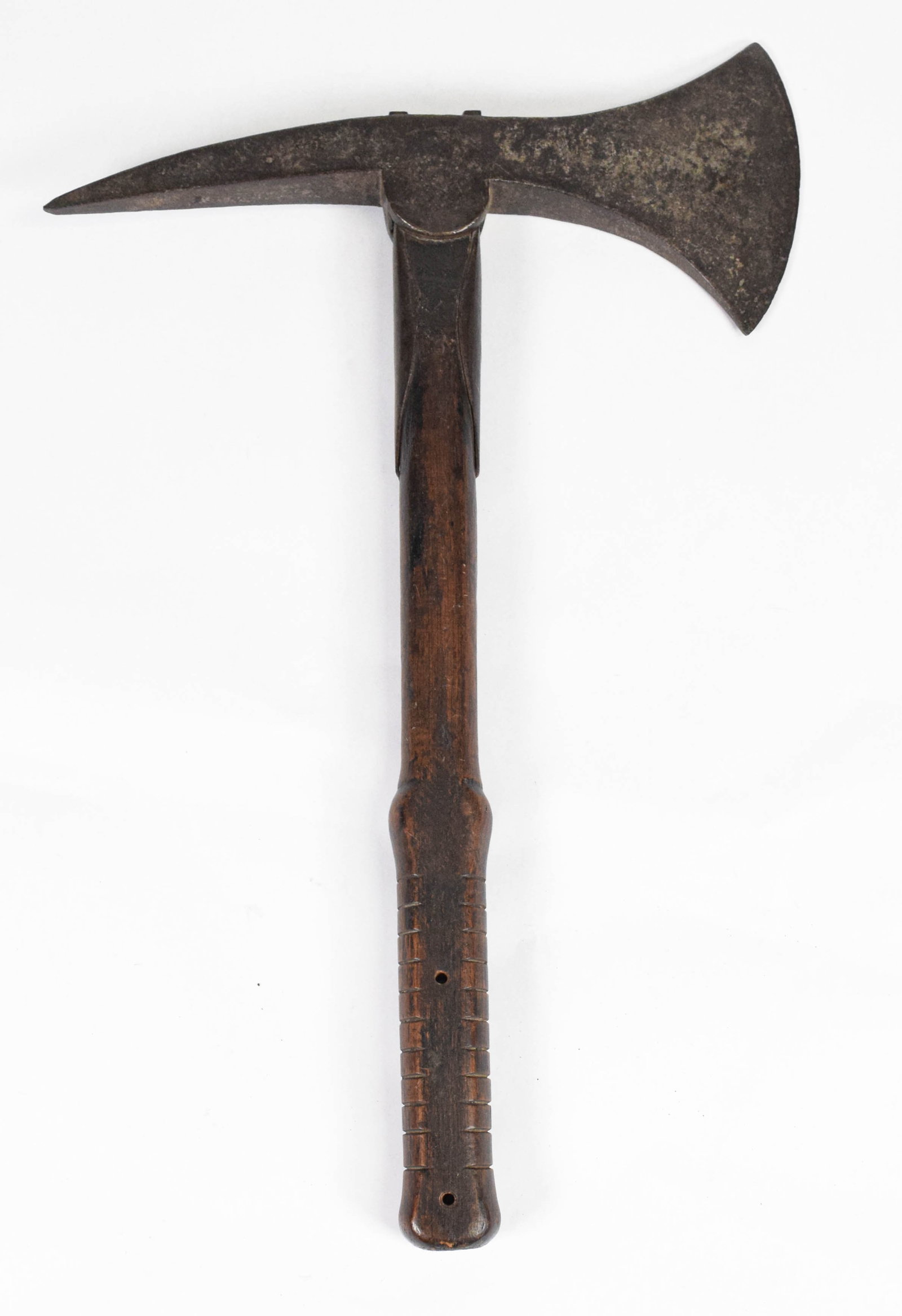 19th Century British Naval Boarding Axe: 19th-century naval boarding axe, likely British origin, constructed with a forged steel head and a turned hardwood haft. The head features a broad, flared cutting blade balanced by a long, tapering re