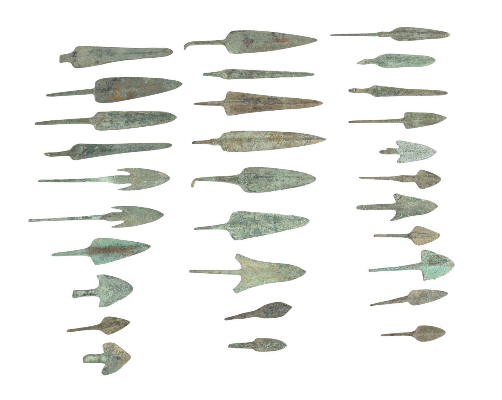 Assortment of Bronze Age Luristan Type Bronze Arrowheads and Spearheads: Assortment of ancient bronze projectile points and blades, primarily consistent with Luristan and Near Eastern typological forms from the Late Bronze to Early Iron Age. The collection features a diver