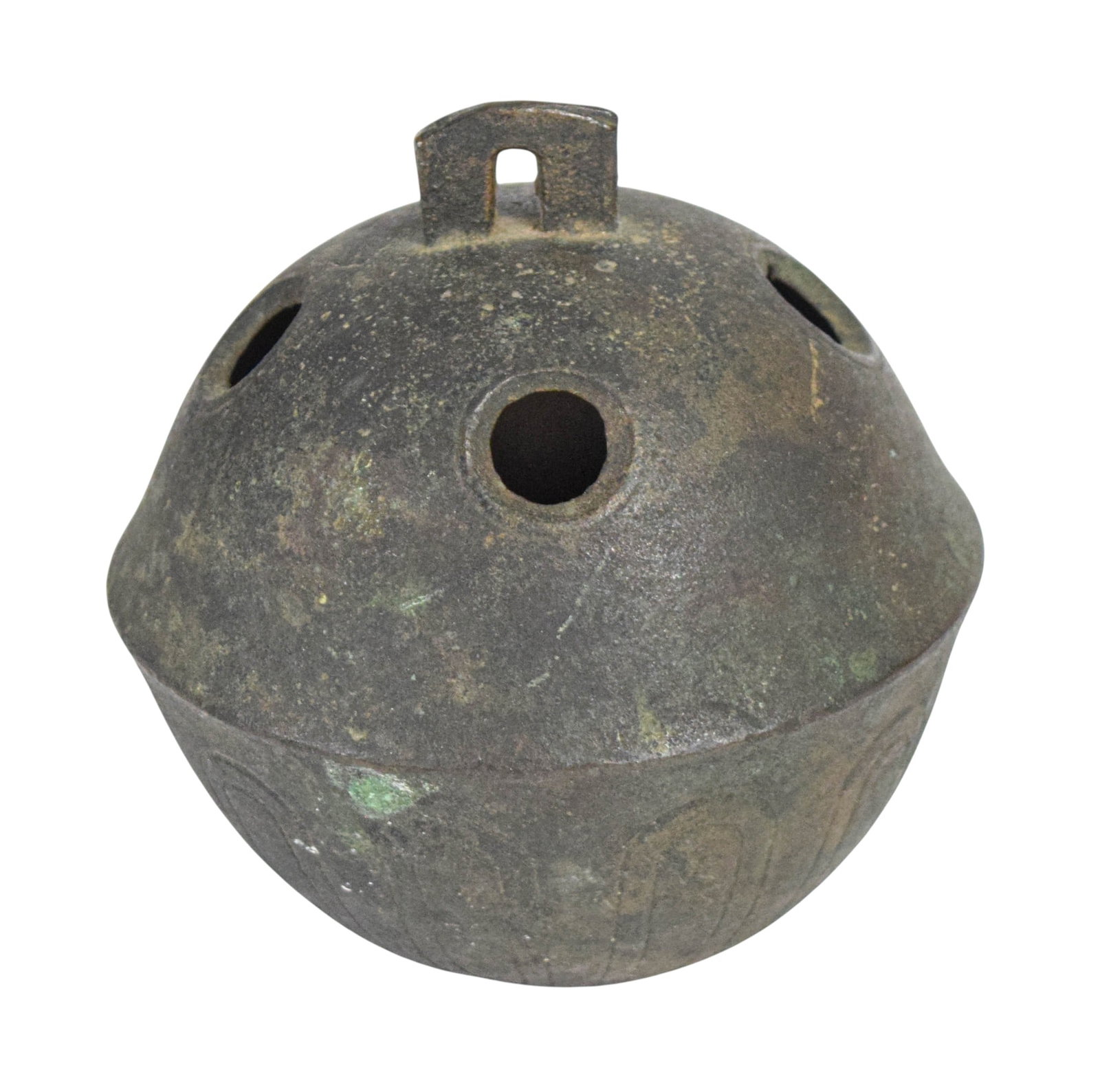 Antique Cast Bronze Crotal Sleigh Bell: Antique cast bronze crotal sleigh bell featuring a spherical body with a prominent raised central flange. The upper hemisphere is pierced with four circular sound holes and topped with an integral, re