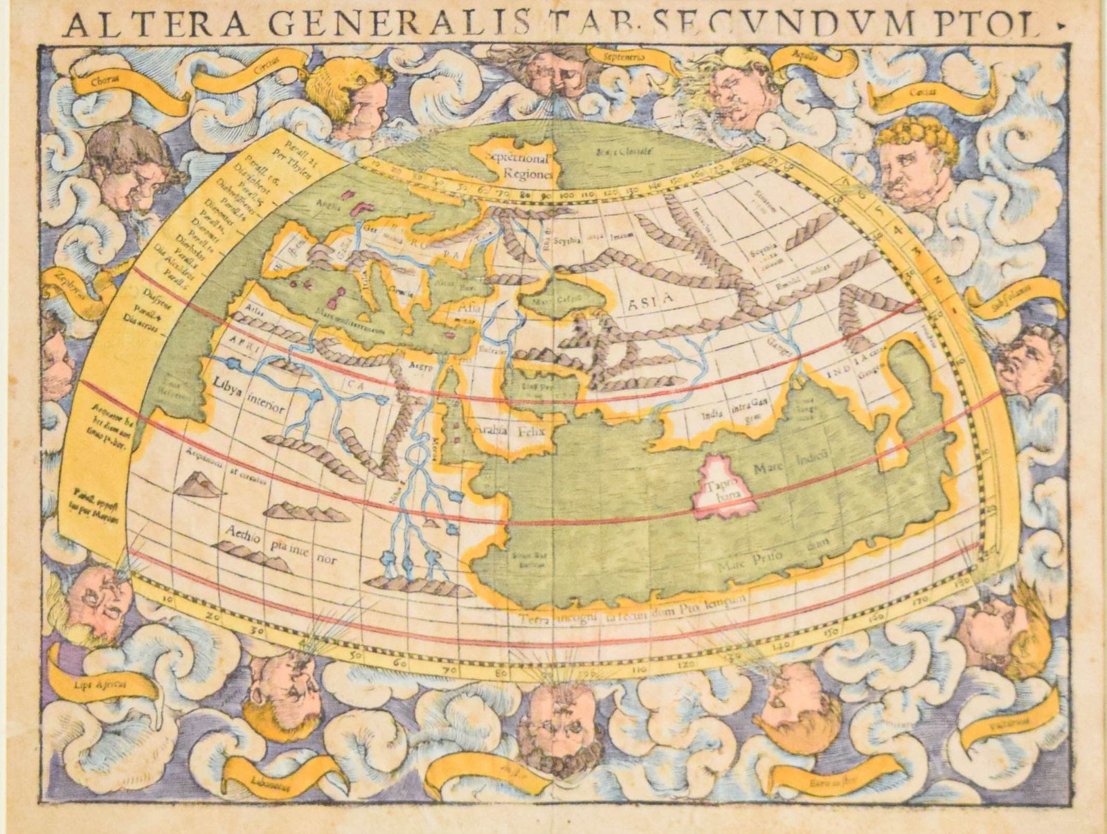Sebastian Münster Hand-Colored Woodcut Map Altera Generalis: Sebastian Münster (German, 1488–1552). Hand-colored woodcut map, Altera Generalis Tab. Secundum Ptol., mid-16th century. The work depicts a classical Ptolemaic world view featuring the landmasses o