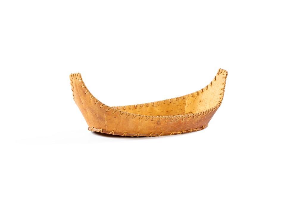 Birch Bark "Boat" Form Container: 6.25" x 17.75" x 8". Birch body with edge binding. **Good condition with minimal wear.**