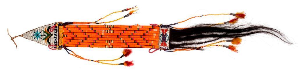 Plains Quillwork Hair Drop: 26" overall length. Composed of a main quill wrapped rawhide slat panel, backed by a trade cloth strip, beadwork decorated hide at top and termination, horse hair extensions and quill wrapped hide tin