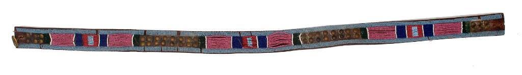Plains Beaded and Tacked Leather Panel Belt: 31.5" x 1.5" Northern, Commercial Leather. **Leather is moderately dry and stiff. Some missing beads and loose stitching.**