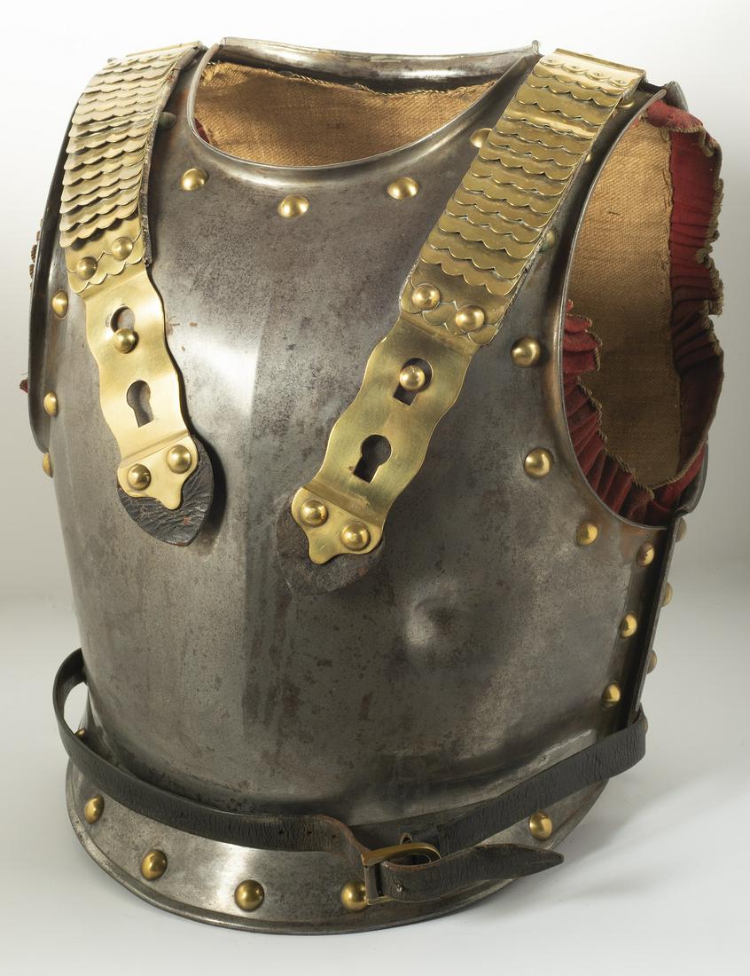 Bavarian Cuirassier Armor Set: Breastplate measures 20" x 21", backplate measures approx. 1" x 17.5". Steel construction with brass rivets, both sections lined in buckram trimmed with red wool. Liner attached via a twisted brass wi