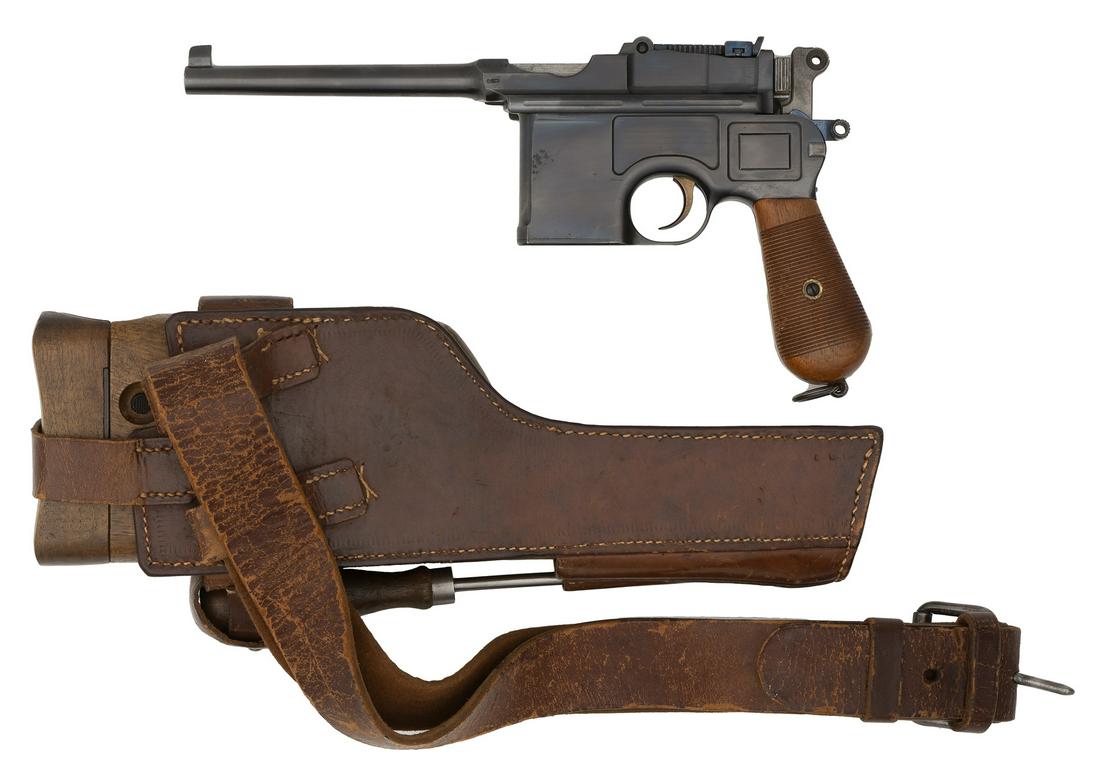 Mauser C-96 Pistol: .30 Mauser caliber, 5.5" barrel, S/N 65577. Blue finish with small ring hammer, small grooved grips. Pistol retains most of the blue finish. Excellent bore, mechanically good. Comes with stock holster