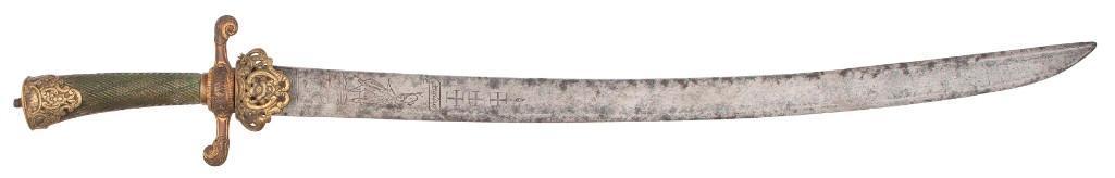 Early German Hunting Sword: 19.75" single-edged blade with full-length median fuller. Brass hilt with recurved quillions and clamshell guard with brass pommel. Fluted green-stained bone grip. Blade shows engravings including