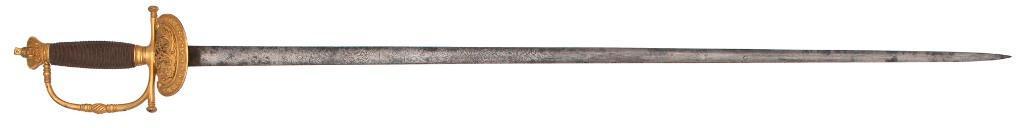 Victorian Court Sword: 31" spearpoint blade, .75" wide at forte. Gilt brass hilt with half clamshell guard and wire-wrapped grip fitted with Queen's crown pommel. Guard shows "VR" cypher. Blade etched an