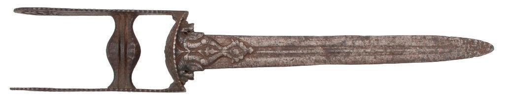 Indo-Persian Katar: 11" spearpoint blade with double full-length fullers, 1.75" wide at ricasso. Pierced iron guard with floral motifs. **Overall pewter patination with some old pitting and wear.** $400-$600