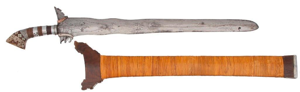 Datu Kris of Filipino Outlaw "Talibon": 22.75" double-edged blade, 2.125" wide at forte with five luks (waves) hilt with copper band. Wire-wrapped grip with carved abalone inserts. Rattan-wrapped scabbard with abalone adornment en s