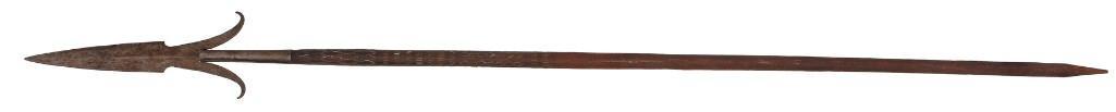 Philippine Igorot (Ifugao) Spear: 61.25" overall length with 15.5" head (including socket). Haft adorned with metal inserts in geometric patterns. Attributed to the Igorot People of Luzon, Philippines. **Blade shows some darke