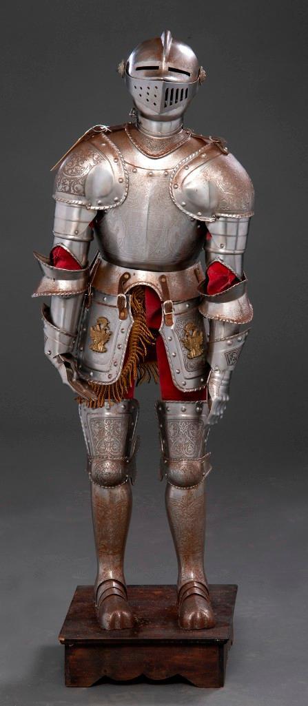 Miniature Suit Of Armor: Nicely engraved and etched. An attractive suit in excellent condition. Height of 36" from Base.