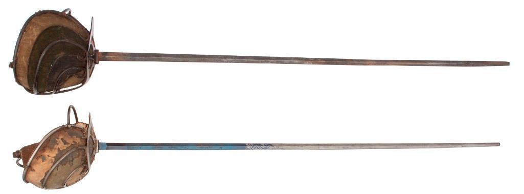 Set of German 20th Century Mensur Rapiers: German academic fencing rapiers in the KorbschlÃ¤ger style with steel baskets backed with textile. Older examples show 33" blued blades with some minor engraving. One shows ownership engraving o