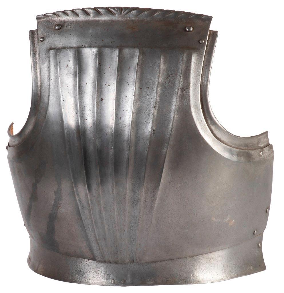 Contemporary Germanic Breastplate: 15.5" x 15". Steel construction with hinged gussets. Germanic-style fluted front and roped border. **Some scattered light rus and oxidation present.** $100-$300